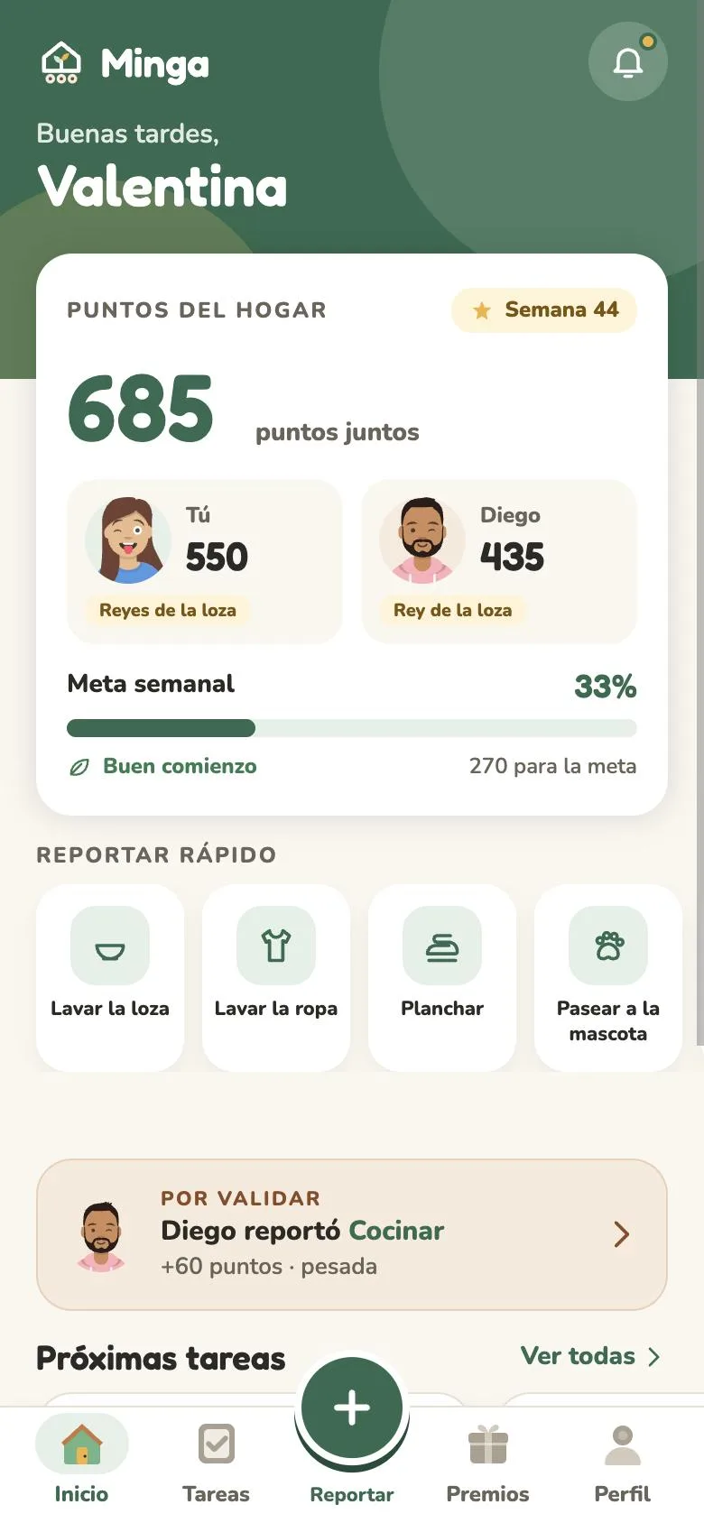 Inicio de Minga: 685 puntos juntos, los puntos de cada uno y la meta semanal.