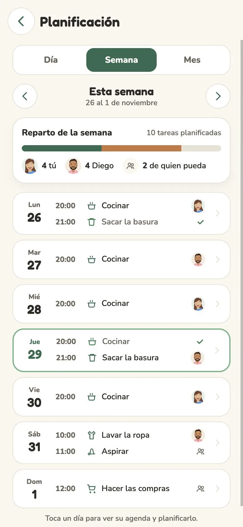 Planificación semanal de Minga: tareas por día, hora y quién le toca, con el reparto de la semana.
