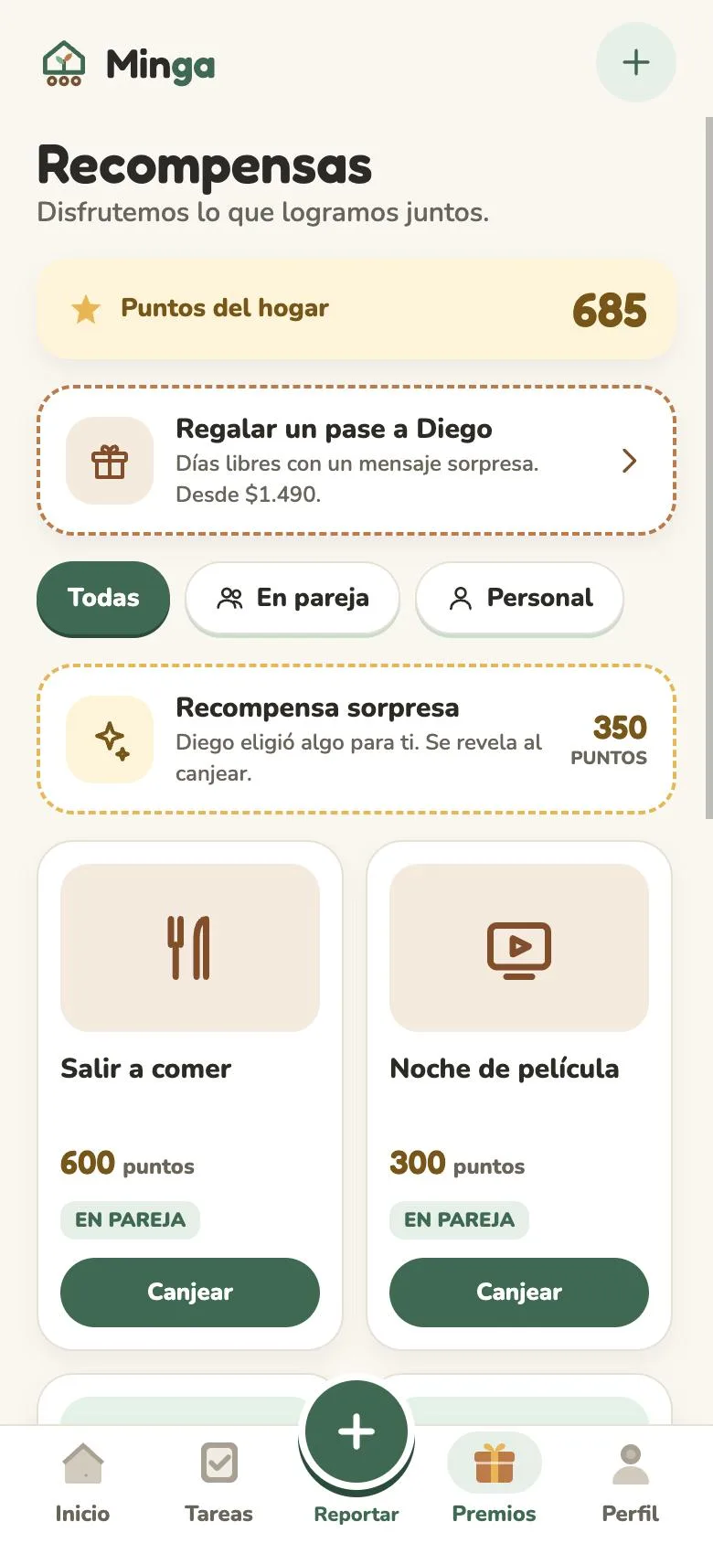 Pantalla de recompensas de Minga: puntos del hogar y premios como salir a comer o una noche de película.